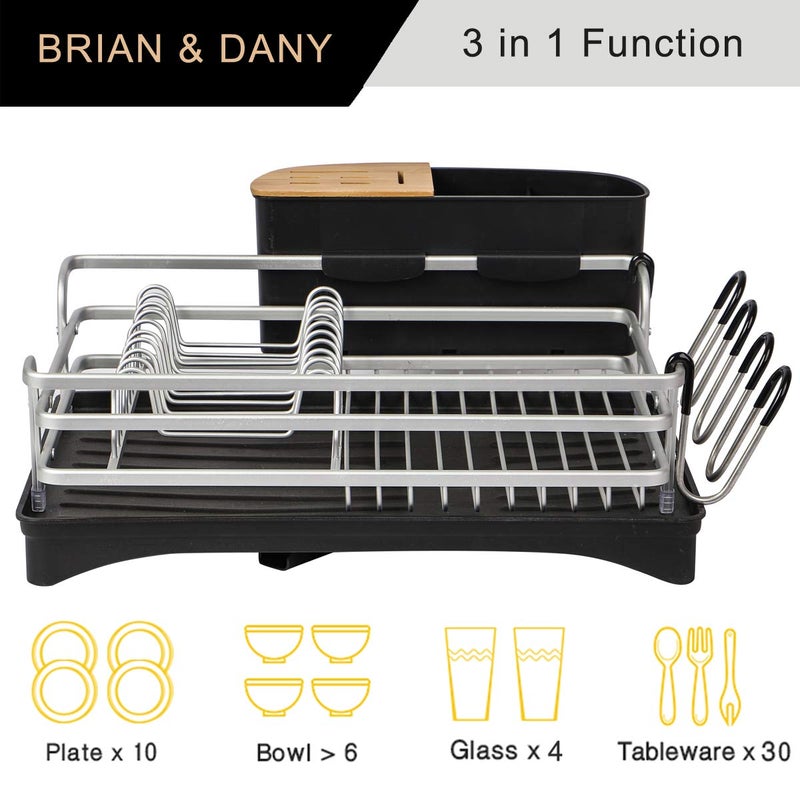 BRIAN & DANY Aluminum Dish Drying Rack, Dish Racks for Kitchen Counter, Dish Drainer with Removable Cutlery Holder & Cup Holder, Unique 360Â° Swivel Spout Drainboard, 16.5" L x 11.8" W, Silver - Image 3
